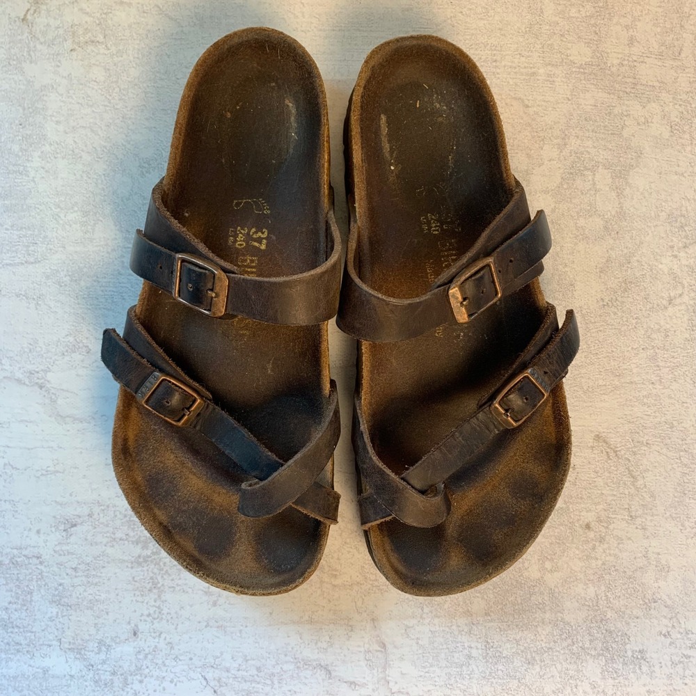Birkenstock Mayari Sandals Womens 37 240 Brown Leather Toe Loop Buckle Slides - Picture 10 of 11